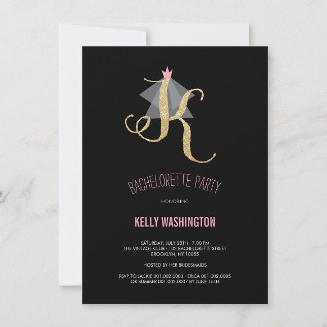 Monogram Guld Glitter Bachelorette Party Inbjudan (Framsida)