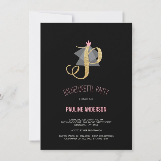 Monogram Guld Glitter Bachelorette Party Inbjudan (Framsida)