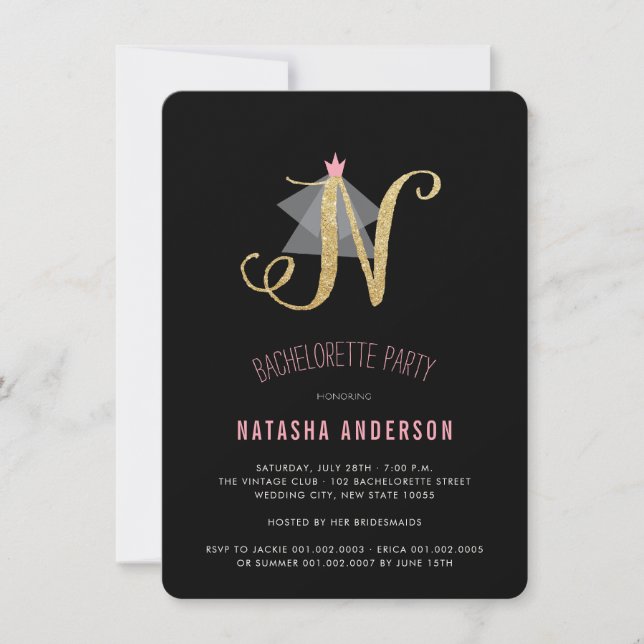 Monogram Guld Glitter Bachelorette Party Inbjudan (Framsida)