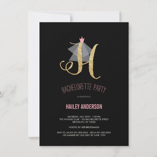 Monogram Guld Glitter Bachelorette Party Inbjudan (Framsida)
