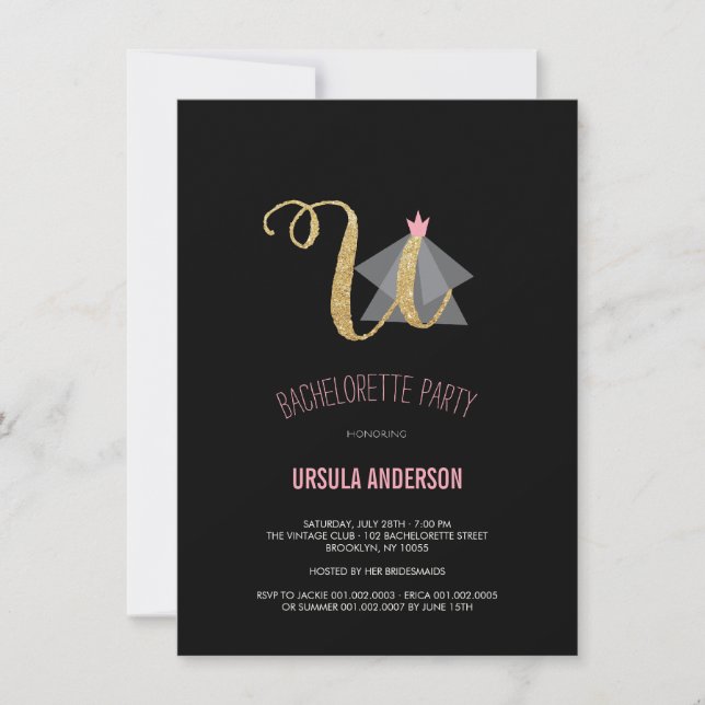 Monogram Guld Glitter Bachelorette Party Inbjudan (Framsida)