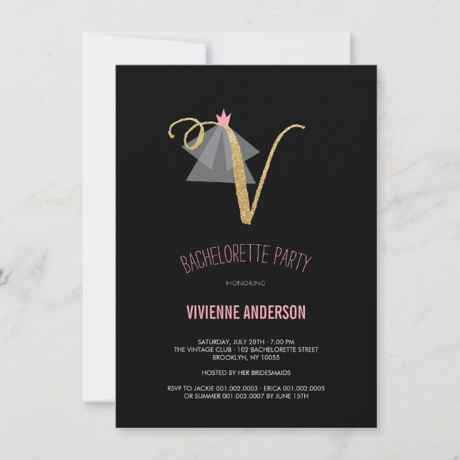 Monogram Guld Glitter Bachelorette Party Inbjudan (Framsida)