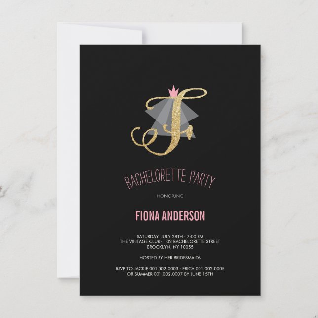 Monogram Guld Glitter Bachelorette Party Inbjudan (Framsida)