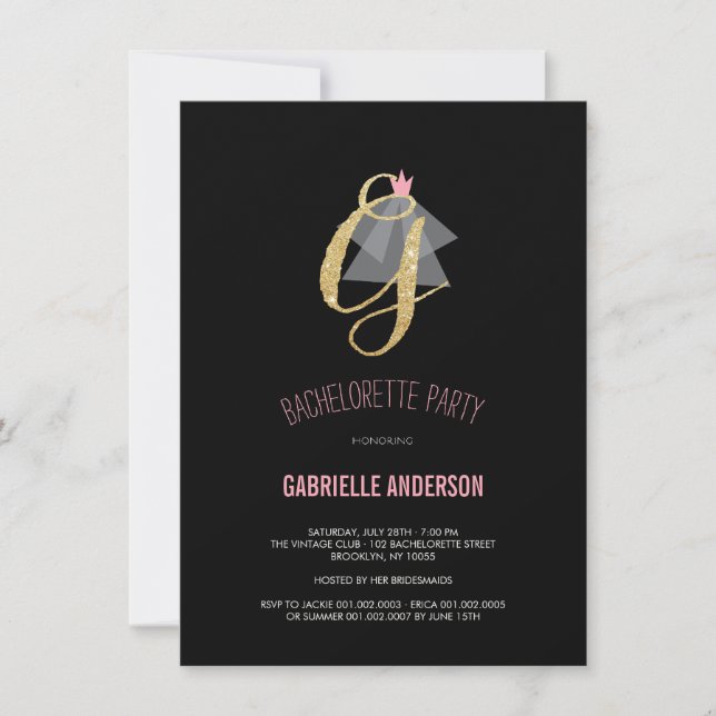 Monogram Guld Glitter Bachelorette Party Inbjudan (Framsida)