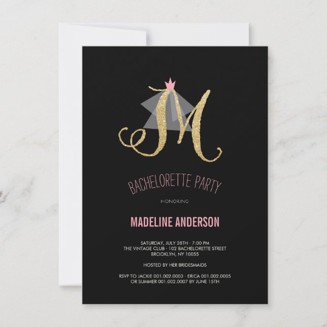 Monogram Guld Glitter Bachelorette Party Inbjudan (Framsida)