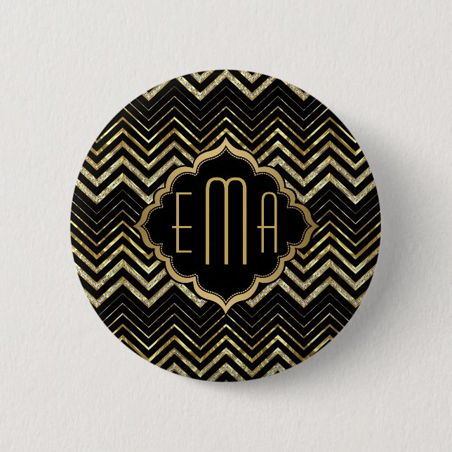 Monogram Guld Glitter och Zigzag Chevron Mönster Knapp (Framsida)