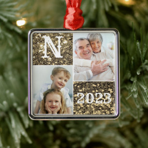 Monogram Guld Glitter Photo jul Helgdag Julgransprydnad Metall
