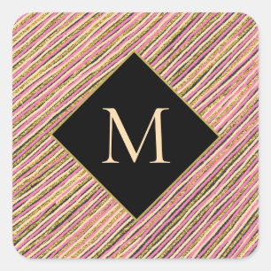 Monogram Guld Glitter Rand Black Fyrkantigt Klistermärke