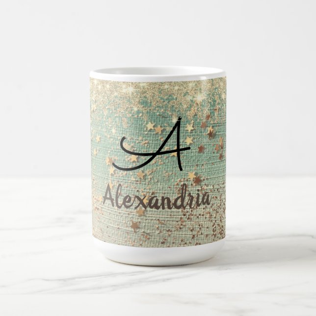 Monogram Guld Glitter Stars om havets Grönt Magisk Mugg (Center)