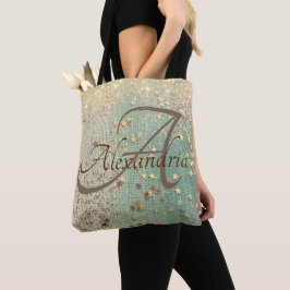 Monogram Guld Glitter Stars på Grönt Burlap Tygkasse