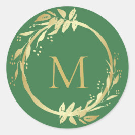 Monogram Guld Grönt - jul - utandningsförsegling Runt Klistermärke