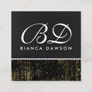 Monogram Guld Grunge Leather Pearls Fyrkantigt Visitkort