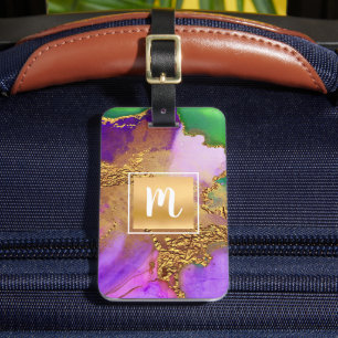 Monogram guld lila grönt aqua agate abstrakt bagagebricka