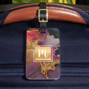 Monogram guld lila grönt blue marble water color bagagebricka
