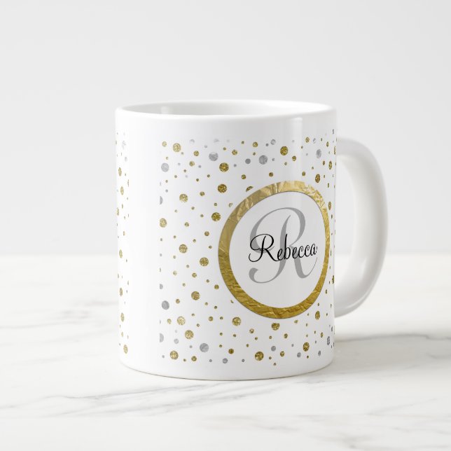 Monogram Guld Löv Skriv ut Silver konfetti Jumbo Mugg (Framsida höger)