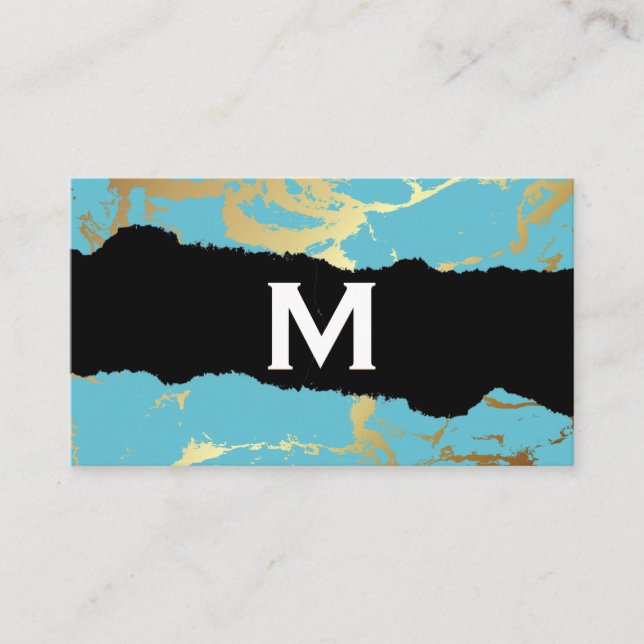 Monogram | Guld Marble Teal Visitkort (Framsida)