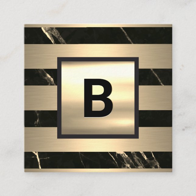 Monogram | GULD METALL RAND | Black Guld Marble Fyrkantigt Visitkort (Framsida)