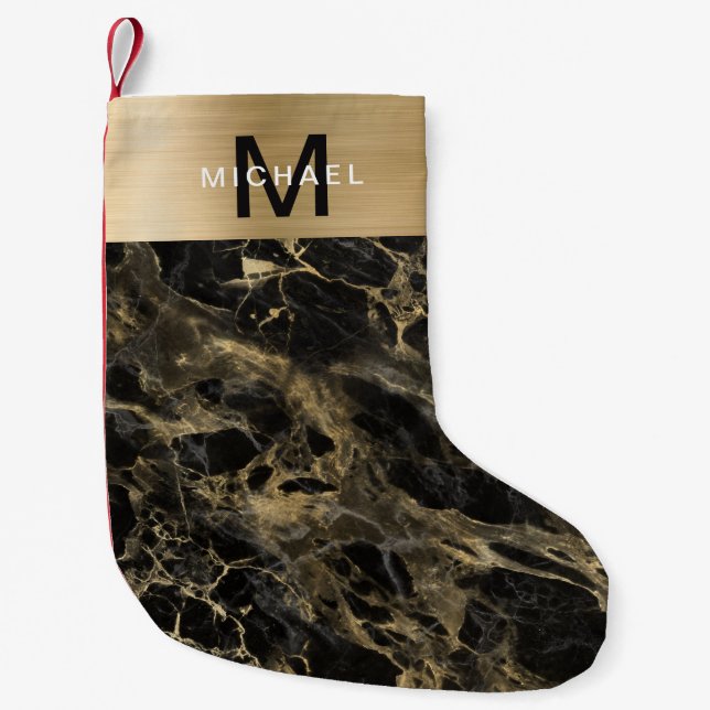 Monogram guld metallisk svart marmor  liten julstrumpa (Framsidan)