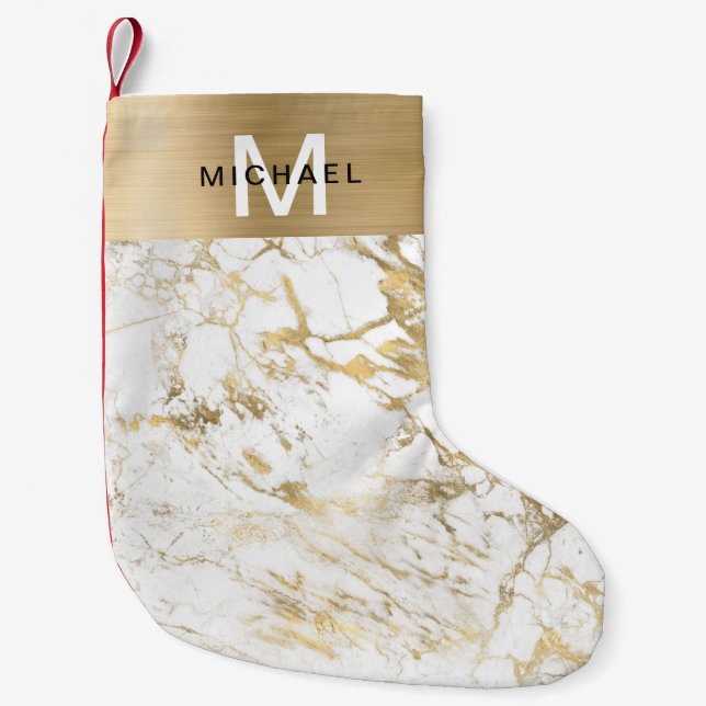 Monogram Guld Metallisk Vit Marmor Liten Julstrumpa (Framsidan)