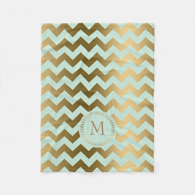 Monogram Guld & Mint-Grönt Zigzag Chevron Fleecefilt (Framsidan)