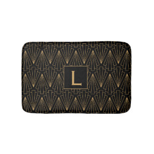 Monogram Guld och Black Art Deco Mönster Badrumsmatta