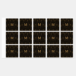 Monogram Guld och Black Art Deco Mönster Klistermärke