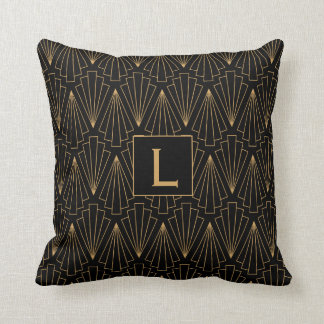 Monogram Guld och Black Art Deco Mönster Kudde