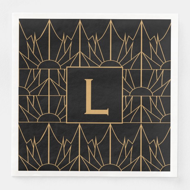 Monogram Guld och Black Art Deco Mönster Pappersservett (Framsida)