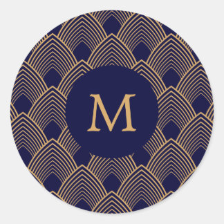 Monogram Guld och Blue Art Deco Mönster Runt Klistermärke