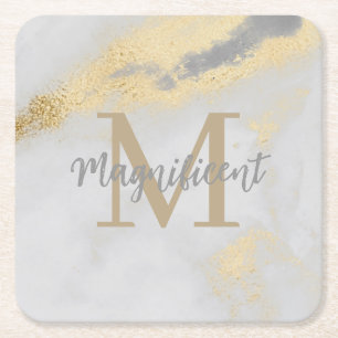 Monogram Guld och Grått Marble Underlägg Papper Kvadrat