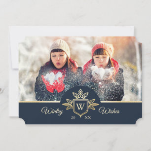 Monogram Guld och marin foto för elegant och vanli Julkort