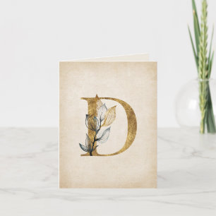 Monogram guld och svart Blommigt D med Löv Anteckningskort