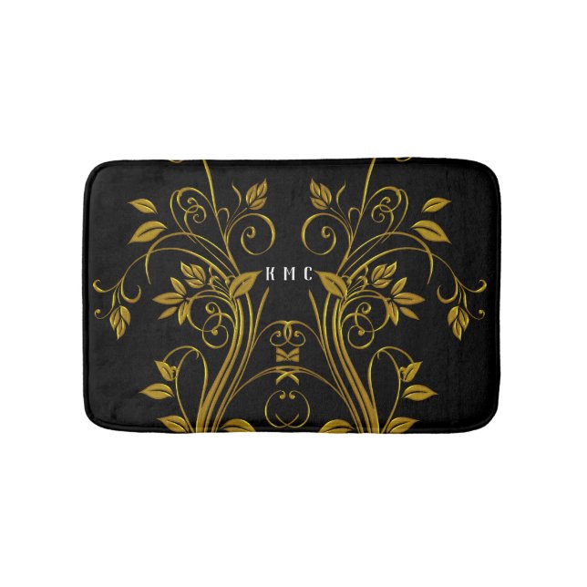 Monogram Guld och svart Blommigt Swirl Badrumsmatta (Framsidan)
