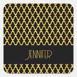 Monogram guld och svart quatrefoil mönster fyrkantigt klistermärke