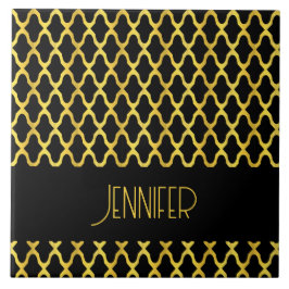 Monogram guld och svart quatrefoil mönster kakelplatta