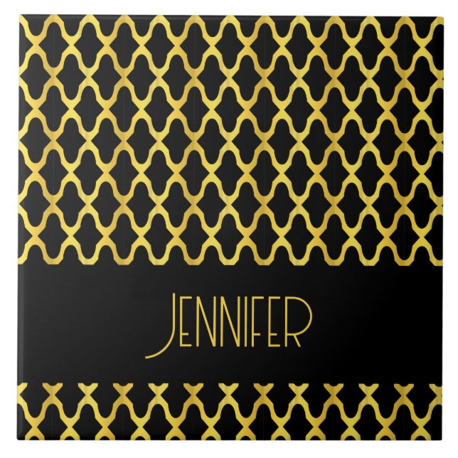 Monogram guld och svart quatrefoil mönster kakelplatta (Framsidan)
