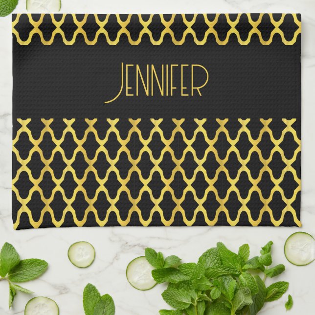 Monogram guld och svart quatrefoil mönster kökshandduk (Vikta)