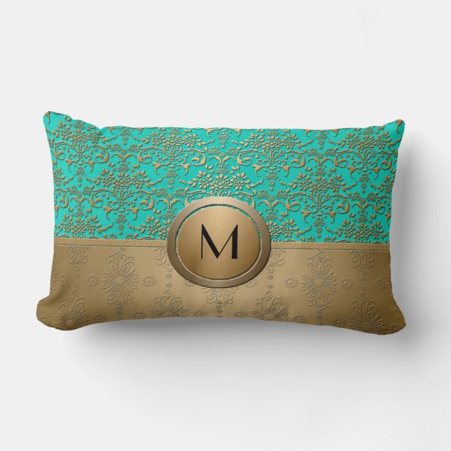 Monogram Guld och Turkos Grön Damast Lumbarkudde (Framsida)