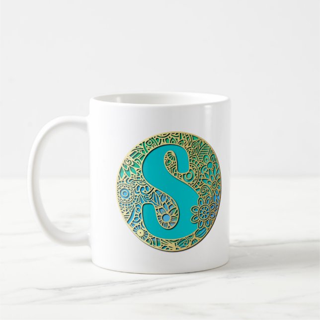 Monogram Guld och turkos S och Colorful Flowers Kaffemugg (Vänster)