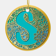 Monogram Guld och Turkos S och Färgrika Blommor