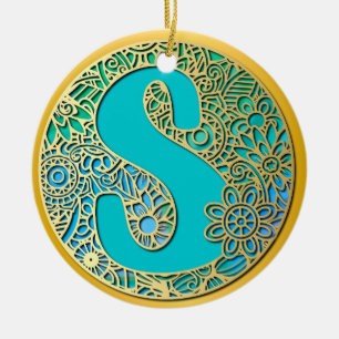 Monogram Guld och Turkos S och Färgrika Blommor Julgransprydnad Keramik
