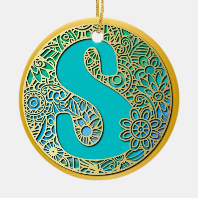 Monogram Guld och Turkos S och Färgrika Blommor Julgransprydnad Keramik (Framsidan)