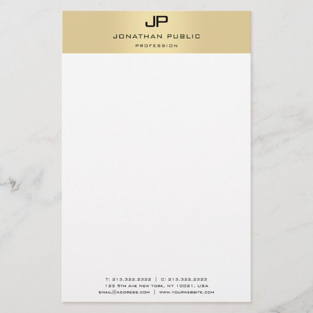 Monogram Guld och vit modern Elegant Brevpapper (Framsida)