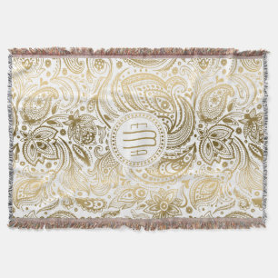 Monogram Guld och vit Vintage Blommigt Paisley Filt