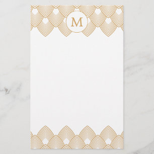 Monogram Guld och White Art Deco Mönster Brevpapper