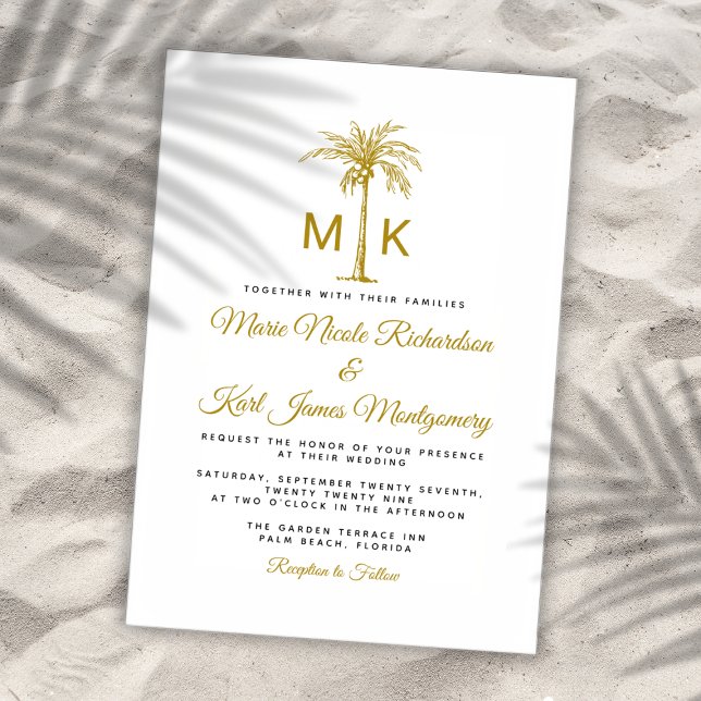 Monogram Guld Palmträd Formellt Bröllop på Strande Inbjudningar (Monogram Gold Palm Tree Formal Beach Wedding Invitation)