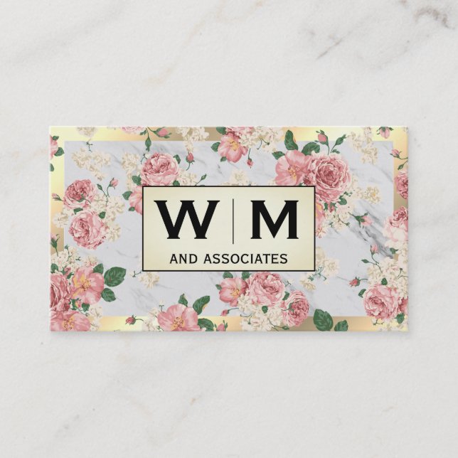 Monogram Guld Ram Marble med Blommönster Visitkort (Framsida)