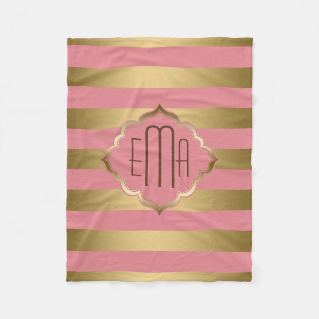 Monogram Guld Rand och Rosa Geometric Mönster Fleecefilt (Framsidan)