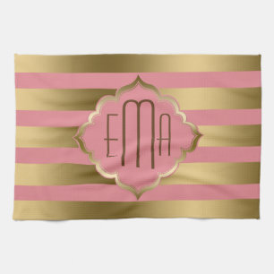 Monogram Guld Rand och Rosa Geometric Mönster Kökshandduk