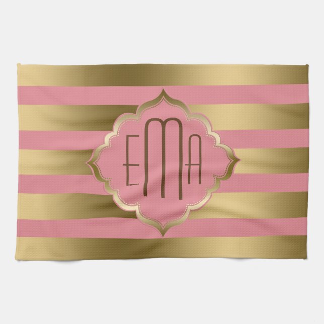 Monogram Guld Rand och Rosa Geometric Mönster Kökshandduk (Horisontell)